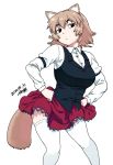  1girl animal_ears black_eyes breasts dated eyebrows_visible_through_hair fox_ears frilled_skirt frills hands_on_hips large_breasts light_brown_hair original short_hair signature skirt solo tail thigh-highs tsukudani_(coke-buta) vest white_background white_legwear 