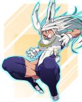  1girl animal_ears arms_up ass_visible_through_thighs bare_arms biceps boku_no_hero_academia breasts bunny_tail commentary_request covered_nipples crescent_print dark_skin floating_hair full_body fur_collar grin highleg highleg_leotard highres impossible_clothes impossible_leotard jin_(mugenjin) large_breasts leotard long_hair looking_afar midair mirko muscle muscular_female rabbit_ears rabbit_girl red_eyes smile solo spread_legs superhero tail teeth thick_thighs thigh_strap thighs v-shaped_eyebrows white_hair 