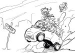  5girls absurdres amamiya_erena animal_ears blue_cat car commentary_request driving fuwa_(precure) ground_vehicle hagoromo_lala highres hoshina_hikaru kaguya_madoka lineart long_hair monochrome motor_vehicle multiple_girls precure prunce_(precure) road_sign sign star_twinkle_precure tankobukids twintails yuni_(precure) 