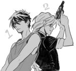  back-to-back braid duo_maxwell expressionless gun gundam gundam_wing heero_yuy holding holding_gun holding_weapon long_hair metricmaile monochrome namesake short_hair single_braid smile upper_body weapon white_background 