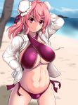  1girl abs arm_behind_head bandaged_arm bandages beach bikini blue_sky blush breasts bun_cover commentary_request criss-cross_halter day double_bun eyebrows_visible_through_hair halterneck hand_on_hip highres hood hood_down hoodie ibaraki_kasen large_breasts medium_hair navel nioti ocean open_clothes open_hoodie pink_eyes pink_hair purple_bikini sky smile solo swimsuit touhou under_boob white_hoodie 