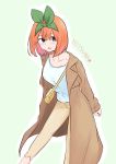  1girl :d absurdres bag bangs blue_eyes blush breasts brown_coat brown_pants character_name coat collarbone commentary_request eyebrows_behind_hair feet_out_of_frame go-toubun_no_hanayome green_background green_ribbon hair_between_eyes hair_ribbon highres kujou_karasuma long_sleeves looking_at_viewer medium_breasts nakano_yotsuba open_clothes open_coat open_mouth orange_hair outline pants ribbon shirt shoulder_bag smile solo white_outline white_shirt 