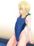  1boy blonde_hair blue_swimsuit bulge clip_studio_paint_(medium) commentary_request competition_swimsuit covered_navel crossdressinging green_eyes highleg highleg_swimsuit highres long_hair looking_to_the_side low_ponytail murst one-piece_swimsuit original otoko_no_ko sidelocks sitting solo swimsuit 