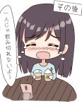  1girl :d bangs black_hair blue_shirt blush cellphone chibi closed_eyes coffee_cup crying cup disposable_cup drinking_straw eyebrows_visible_through_hair holding holding_cup long_hair long_sleeves mimikaki_(men_bow) nose_blush open_mouth original phone shirt simple_background smile solo table tears upper_body white_background 