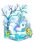  alolan_form alolan_vulpix artist_name bare_tree blue_sclera border closed_mouth commentary_request flower full_body gen_7_pokemon grass happy highres ice no_humans outdoors pink_flower pokemon pokemon_(creature) signature sitting smile snow snowing solo tree twitter_username white_border white_eyes yellow_flower yyy9696yyy 