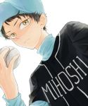  1boy ball baseball baseball_cap baseball_jersey black_hair black_shirt blue_headwear brown_eyes dutch_angle hat holding holding_ball komorikorimo male_focus ookiku_furikabutte shirt shugo_kano simple_background solo upper_body white_background 