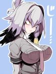  1girl black_hair blonde_hair blue_background breasts brown_eyes closed_mouth grey_hair impossible_clothes jin_(mugenjin) kemono_friends large_breasts looking_away shoebill_(kemono_friends) short_hair short_sleeves simple_background solo upper_body 