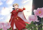  1girl blue_sky cape clouds dated day edelgard_von_hresvelg fire_emblem fire_emblem:_three_houses flower headpiece horns open_mouth outdoors petals robaco sky solo twitter_username violet_eyes white_hair 