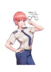  1girl bangs belt blue_eyes blue_pants breast_pocket cuffs dated go-toubun_no_hanayome hand_on_hip handcuffs index_finger_raised looking_at_viewer nakano_ichika pants pink_hair piyo_(pixiv_2308057) pocket shirt shirt_tucked_in short_hair short_sleeves signature simple_background smile solo white_background white_shirt 