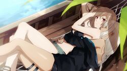  2girls amazuki_jou azur_lane bikini black_jacket black_shorts body_markings dark_skin grey_shorts hammock highres jacket jean_bart_(azur_lane) jean_bart_(secret_afternoon)_(azur_lane) light_brown_hair lounging massachusetts_(azur_lane) micro_shorts multiple_girls native_american off_shoulder red_eyes shorts swimsuit thighlet white_hair 