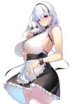  1girl absurdres apron azur_lane bangs bare_shoulders black_hairband blush breasts character_doll closed_mouth commentary dido_(azur_lane) dress eyebrows_visible_through_hair frilled_apron frills hairband highres huge_breasts long_hair looking_at_viewer pink_eyes silver_hair simple_background sleeveless sleeveless_dress smile solo thigh-highs thighs under_boob underboob_cutout waist_apron white_apron white_background white_legwear yamanokami_eaka 