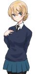  1girl absurdres arm_behind_back bangs black_legwear black_neckwear blonde_hair blue_eyes blue_skirt blue_sweater braid closed_mouth cowboy_shot darjeeling_(girls_und_panzer) dress_shirt girls_und_panzer hand_on_own_chest highres long_sleeves looking_at_viewer mamu_t7s miniskirt necktie pantyhose pleated_skirt school_uniform shirt short_hair simple_background skirt smile solo st._gloriana&#039;s_school_uniform standing sweater tied_hair twin_braids v-neck white_background white_shirt wing_collar 