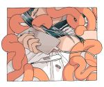  1girl border closed_eyes commentary_request covered_face holding holding_phone long_hair lying original outside_border phone pnikatro shadow solo tears tentacles white_border 