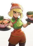  1girl arms_(game) beanie blonde_hair bowl food gonzarez green_eyes hat highres mask mask_removed min_min_(arms) noodles one_eye_closed ramen shorts smile super_smash_bros. tray 