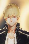  1boy blonde_hair casual earrings fate_(series) gilgamesh highres jacket jewelry jun_(seojh1029) male_focus red_eyes short_hair smile solo 