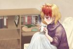  1girl alternate_costume animal_on_head ari_don bird bird_on_head blonde_hair blurry blurry_background blush book bookshelf casual chair chick coffee_mug contemporary cup depth_of_field fingernails from_side holding holding_cup indoors knees_to_chest looking_down mug multicolored_hair niwatari_kutaka on_head parted_lips profile purple_sweater red_eyes redhead saucer short_hair sitting skirt sleeves_pushed_up solo steam sweater table touhou turtleneck turtleneck_sweater two-tone_hair white_skirt 