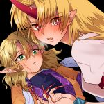  2girls arm_up bangs black_background blonde_hair blood blood_on_face blush breath bright_pupils brown_dress claws commentary_request cuffs cuts diamond-shaped_pupils dress eyebrows_visible_through_hair eyes_visible_through_hair fang glint green_eyes highres horns hoshiguma_yuugi injury long_hair looking_at_viewer lying medium_hair mito_(mo96g) mizuhashi_parsee multiple_girls on_back parted_bangs parted_lips pointy_ears red_eyes shackles shirt simple_background single_horn sweatdrop symbol-shaped_pupils touhou undershirt upper_body very_long_hair white_pupils white_shirt yuri 