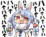  1girl :d animal_ear_fluff animal_ears arrow_(symbol) bangs blue_hair blush_stickers bow braid brown_eyes carrot_hair_ornament chibi commentary_request detached_sleeves dress eyebrows_visible_through_hair food_themed_hair_ornament hair_bow hair_ornament hololive kanikama looking_at_viewer lowres open_mouth puffy_short_sleeves puffy_sleeves rabbit_ears short_eyebrows short_sleeves simple_background smile solo strapless strapless_dress thick_eyebrows translation_request twin_braids twintails upper_body upper_teeth usada_pekora virtual_youtuber white_background white_bow white_dress white_hair white_sleeves 