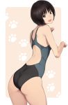  1girl amagami ass black_swimsuit border brown_eyes brown_hair clip_studio_paint_(medium) commentary_request competition_swimsuit from_behind kemonomimi_mode looking_at_viewer nozomi-y one-piece_swimsuit open_mouth painttool_sai_(medium) paw_pose paw_print photoshop_(medium) pink_background short_hair smile solo swimsuit tachibana_miya two-tone_background white_border 