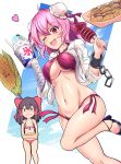  2girls :d bandaged_arm bandages bikini black_hair breasts bun_cover chain commentary_request corn cuffs double_bun food fried_squid hair_between_eyes hair_tubes hakurei_reimu highres ibaraki_kasen leg_up medium_hair multiple_girls nioti one_eye_closed open_mouth pink_eyes pink_hair red_bikini shackles shaved_ice side-tie_bikini smile swimsuit touhou under_boob 