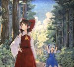  2girls :o arm_at_side arms_behind_head arms_up blue_dress blue_eyes blue_hair blue_sky brown_eyes brown_hair cirno clouds commentary_request cravat day detached_sleeves dress forest hair_between_eyes hair_ribbon hair_tubes hakurei_reimu hand_on_hip looking_to_the_side looking_up marker_(medium) multiple_girls nature neck_ribbon outdoors pinafore_dress puffy_short_sleeves puffy_sleeves red_neckwear red_skirt red_vest ribbon ribbon-trimmed_sleeves ribbon_trim road shiratama_(hockey) shirt short_hair short_sleeves sidelocks skirt sky standing touhou traditional_media vest white_shirt wings yellow_neckwear 