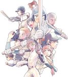  6+boys :d :o abe_takaya arm_up baseball baseball_bat baseball_cap baseball_helmet baseball_jersey baseball_mitt baseball_uniform brown_eyes brown_hair buzz_cut clenched_hand gloves hamada_yoshirou hanai_azusa hat helmet highres holding_baseball_bat izumi_kousuke looking_at_viewer male_focus mask mihashi_ren mizutani_fumiki multiple_boys nishishiro_shintarou oki_kazutoshi ookiku_furikabutte open_mouth orange_hair pitching running sakaeguchi_yuuto shortstop_ofuri smile sportswear suyama_shouji tajima_yuuichirou white_gloves 