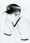  1boy :o absurdres baseball_cap chernotrav greyscale hat highres male_focus monochrome ookiku_furikabutte short_sleeves solo suyama_shouji 