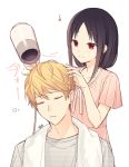  1boy 1girl bangs black_hair blonde_hair blush closed_mouth collarbone commentary_request dress drying drying_hair eyebrows_visible_through_hair facing_viewer grey_shirt hair_dryer holding_hair_dryer juugonichi_(wheeliex2) kaguya-sama_wa_kokurasetai_~tensai-tachi_no_renai_zunousen~ looking_at_another parted_bangs parted_lips pink_dress red_eyes shinomiya_kaguya shirogane_miyuki shirt short_hair short_sleeves sidelocks signature simple_background smile standing striped striped_shirt translation_request upper_body white_background 