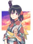  1girl alternate_costume bangs black_hair blush clouds floral_print flower hair_between_eyes hair_flower hair_ornament headgear japanese_clothes jewelry kantai_collection kimono obi open_mouth red_eyes red_flower ring sagamiso sash short_hair simple_background sky solo sparkle twitter_username upper_body wedding_band yamashiro_(kantai_collection) yukata 