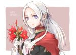  1girl cape closed_mouth cute edelgard_von_hresvelg fire_emblem fire_emblem:_three_houses fire_emblem:_three_houses fire_emblem_16 flower garreg_mach_monastery_uniform gloves hair_ribbon happy_birthday holding holding_flower intelligent_systems long_hair nintendo red_cape ribbon robaco simple_background solo twitter_username uniform upper_body violet_eyes white_gloves white_hair 