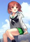  1girl :d artist_name bangs black_legwear black_neckwear blouse blue_sky brown_eyes brown_hair clouds cloudy_sky commentary commission day eyebrows_visible_through_hair girls_und_panzer green_skirt highres long_sleeves looking_to_the_side miniskirt neckerchief nishizumi_miho ooarai_school_uniform open_mouth outdoors pleated_skirt school_uniform serafuku short_hair signature skirt sky smile socks solo sumi_(oyasumie) twitter_username white_blouse 