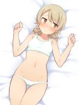  1girl @_@ bangs bare_arms bare_shoulders bed_sheet blush bra breasts brown_eyes brown_hair collarbone eyebrows_visible_through_hair groin hair_between_eyes hands_up idolmaster idolmaster_cinderella_girls lying morikubo_nono navel nose_blush on_back panties parted_lips small_breasts solo sweat thigh_gap underwear underwear_only ushi white_bra white_panties 