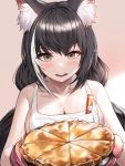  1girl alternate_costume animal_ear_fluff animal_ears bangs bare_shoulders black_hair blush breasts cat_ears cat_girl cat_tail commentary_request eyebrows_visible_through_hair food green_eyes grey_background highres holding_cake karyl_(princess_connect!) large_breasts long_hair looking_at_viewer multicolored_hair open_mouth pie princess_connect! princess_connect!_re:dive round_teeth shirt simple_background solo streaked_hair suou-sensei tail teeth twintails very_long_hair white_hair white_shirt 