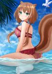  1girl :t animal animal_ear_fluff animal_ears ayunda_risu bare_arms bare_legs bare_shoulders barefoot bikini bird blue_eyes blush breasts brown_hair closed_mouth day frilled_bikini frills green_eyes hair_ornament highres hololive hololive_indonesia kazenokaze long_hair looking_at_viewer looking_to_the_side low_twintails outdoors palm_tree partially_underwater_shot pout shallow_water sitting sky soles solo squirrel_ears squirrel_girl squirrel_tail swimsuit tail tree twintails virtual_youtuber wariza water 