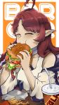  1girl absurdres arknights cheese closed_eyes cup drinking_straw dwarf eating fast_food food french_fries hamburger happy highres lettuce myrtle_(arknights) pointy_ears redhead solo tomato vyragami 