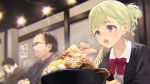  1girl blazer blonde_hair blue_eyes blurry blurry_background blush bow bowtie chopsticks deca_purio eating food holding holding_chopsticks indoors jacket noodles original ponytail ramen red_neckwear restaurant school_uniform sweat upper_body 