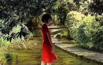  1girl bangs black_hair blurry blurry_background depth_of_field dress feet_out_of_frame grass highres looking_at_viewer nekojarashi_(yuuga) original outdoors red_dress shadow short_hair short_sleeves solo tree water 