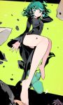  1girl bare_legs black_dress breasts closed_mouth commentary curly_hair dress expressionless floating floating_rock full_body green_background green_eyes green_footwear green_hair hand_in_hair highres kuroi_moyamoya legs long_sleeves looking_at_viewer medium_breasts medium_hair one-punch_man pelvic_curtain rock simple_background slippers slippers_removed solo tatsumaki telepathy thighs 