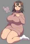  1girl 2020 agawa_ryou artist_name breasts brown_eyes brown_hair commentary curvy dated grey_background huge_breasts looking_at_viewer original red_sweater saliva short_hair signature simple_background sitting socks solo sweater thick_thighs thighs tired turtleneck wariza white_legwear 
