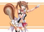  1girl :d animal_ear_fluff animal_ears arm_up ayunda_risu bangs bare_shoulders black_legwear blush bow breasts brown_background brown_hair eyebrows_visible_through_hair gloves green_eyes hair_between_eyes highres holding holding_microphone hololive hololive_indonesia kazenokaze medium_breasts microphone mismatched_legwear navel open_mouth pleated_skirt sidelocks skirt smile solo squirrel_ears squirrel_girl squirrel_tail tail tail_raised thigh-highs twintails two-tone_background virtual_youtuber white_background white_bow white_gloves white_legwear white_skirt 