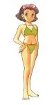  1990s_(style) 1girl all_purpose_cultural_cat_girl_nuku_nuku barefoot bikini brown_eyes brown_hair earrings full_body green_bikini hand_on_hip highres jewelry kyouko_(all_purpose_cultural_cat_girl_nuku_nuku) looking_at_viewer navel no_bangs official_art scan short_hair simple_background smile solo standing star_(symbol) star_earrings swimsuit takada_yuuzou white_background 