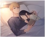  1boy 1girl artist_name bangs bed beige_shirt black_hair blanket blush book closed_eyes closed_mouth collarbone commentary eyebrows_visible_through_hair grey_shirt hair_between_eyes holding holding_book hug indoors juugonichi_(wheeliex2) kaguya-sama_wa_kokurasetai_~tensai-tachi_no_renai_zunousen~ light long_sleeves open_book parted_bangs parted_lips pillow playing_with_another&#039;s_hair reading shinomiya_kaguya shirogane_miyuki shirt short_hair sidelocks signature sleeping sleeping_on_person translated upper_body 