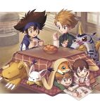  1girl 3boys animal_ears blue_eyes brown_hair cat_ears character_request child chinese_commentary claws crayon cup digimon digimon_(creature) drawing eating food fruit highres horns kitsune multiple_boys open_mouth orange_(fruit) pu_lyong red_eyes rug single_horn sleeping teeth 