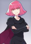  1girl black_cape black_dress blue_eyes cape commentary_request crossed_arms dress graphite_(medium) gundam haman_karn head_tilt highres kamuraaa_615 looking_at_viewer mechanical_pencil pencil photoshop_(medium) pink_hair purple_cape smile solo traditional_media two-tone_cape zeta_gundam 