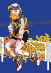  1girl absurdres black_hair blue_background covering_mouth full_body highres jacket long_sleeves looking_at_viewer multicolored_hair original pnikatro sitting sitting_on_fence solo tentacles white_hair yellow_eyes 