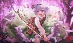  1girl bug butterfly daikazoku63 eyebrows_visible_through_hair hairband highres holding holding_sword holding_weapon insect katana konpaku_youmu long_sleeves looking_at_viewer open_mouth short_hair silver_hair solo sword teeth touhou violet_eyes weapon 