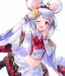  1girl ;d animal_ears arm_up bangs black_legwear blush bow brown_footwear cellphone eyebrows_visible_through_hair frilled_skirt frills granblue_fantasy hairband hand_up heart highres holding holding_phone index_finger_raised loafers long_sleeves looking_at_viewer midriff mouse_ears navel one_eye_closed open_mouth painttool_sai_(medium) pantyhose phone pleated_skirt red_bow red_eyes red_hairband self_shot shiao shirt shoes silver_hair simple_background skirt sleeves_past_wrists smile solo striped striped_bow vikala_(granblue_fantasy) white_background white_shirt white_skirt wide_sleeves 