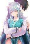  1boy 1girl bangs black_hair blue_eyes breasts brown_eyes chaldea_uniform command_spell commentary_request eyebrows_behind_hair eyebrows_visible_through_hair fate/grand_order fate_(series) fujimaru_ritsuka_(male) glowing green_hair green_kimono hair_between_eyes hand_up highres horns hug hug_from_behind jacket japanese_clothes kimono kiyohime_(fate/grand_order) long_hair long_sleeves medium_breasts parted_bangs pubic_tattoo sen_(astronomy) simple_background tattoo uniform very_long_hair white_background white_jacket wide_sleeves 