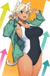  1girl ahoge animal_ears blonde_hair cat_ears cat_tail competition_swimsuit cowboy_shot dark_skin fang jacket kr_ohoshisama looking_at_viewer one-piece_swimsuit open_mouth original short_hair skin_fang solo swimsuit tail v v_over_eye 