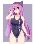  1girl :3 animal_ears black_swimsuit border breasts cat_ears collarbone competition_swimsuit covered_navel ddt_(darktrident) facing_viewer grey_background hair_ornament hairclip highleg highleg_swimsuit highres large_breasts long_hair medium_breasts one-piece_swimsuit original purple_hair solo standing swimsuit two-tone_background violet_eyes white_border 